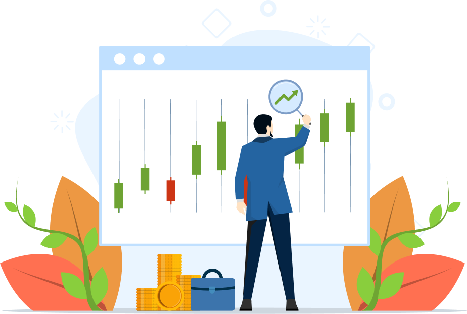 Illustration of a person reviewing a financial chart with coins and a briefcase
